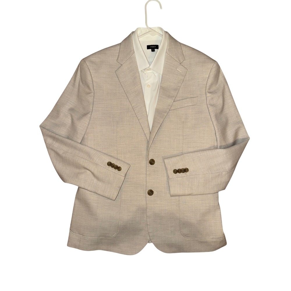 Express Mens Slim Fit Suit Jacket Tan Blazer & White 1MX Dress Shirt Set 30x32